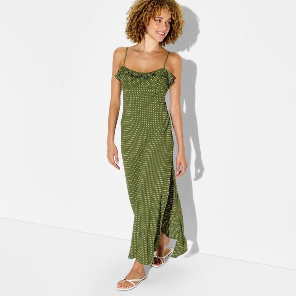 Women's Ruffle Trim Maxi Slip Dress - Wild Fable Moss Green Polka Dots L